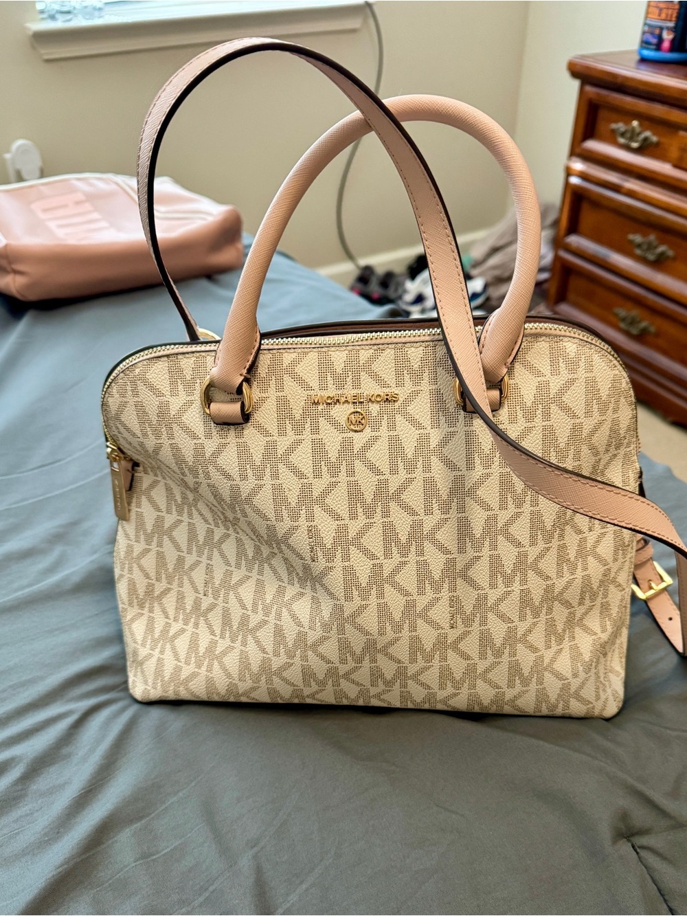 Michael Kors Beige Canvas MK Logo Satchel with Light Pink Trim